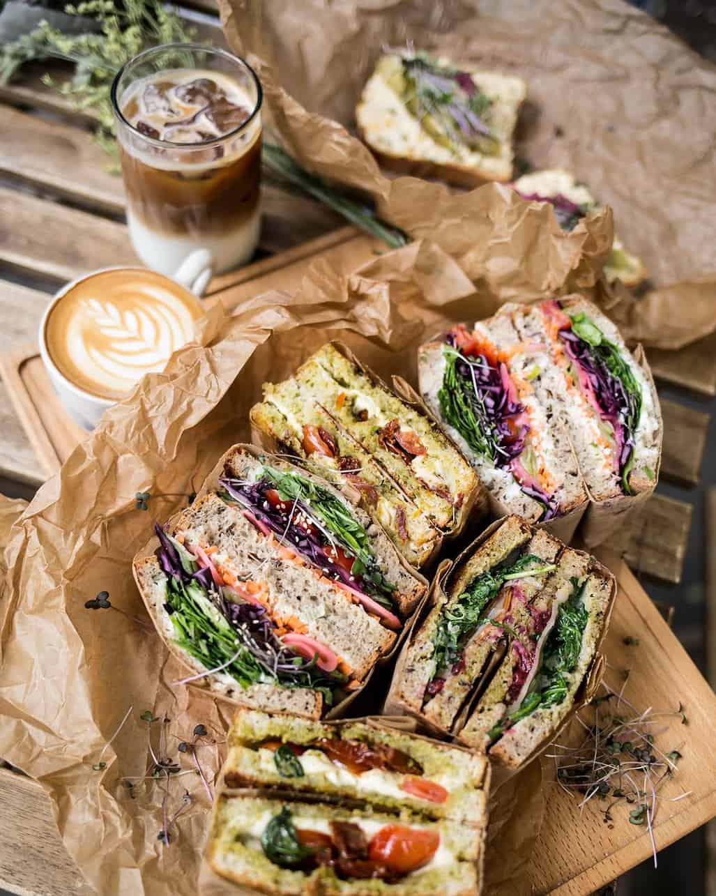 Sandwiches and coffee at Mamacoffee in Prague, Czech Republic.